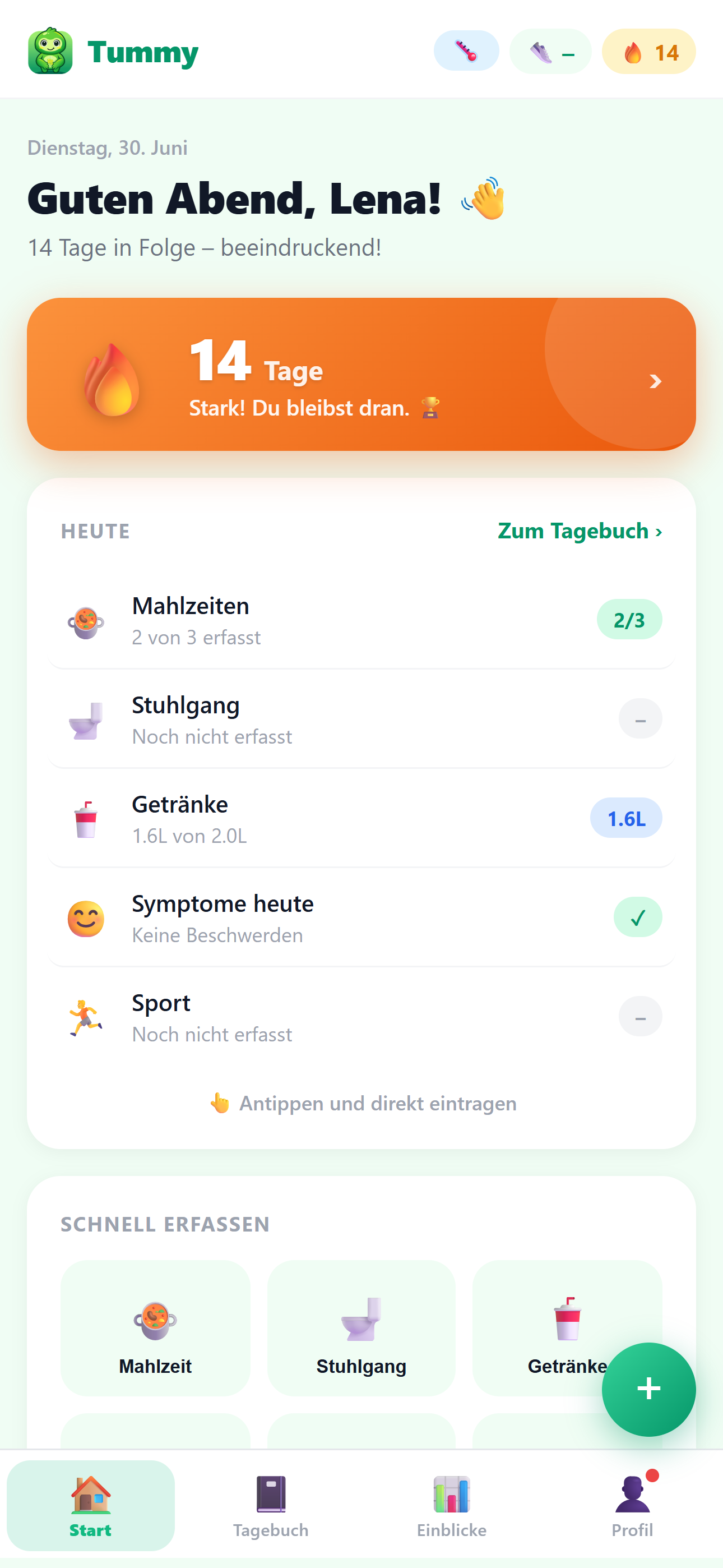Tummy Startbildschirm – Tagesüberblick mit Mahlzeiten, Stuhlgang und Getränken
