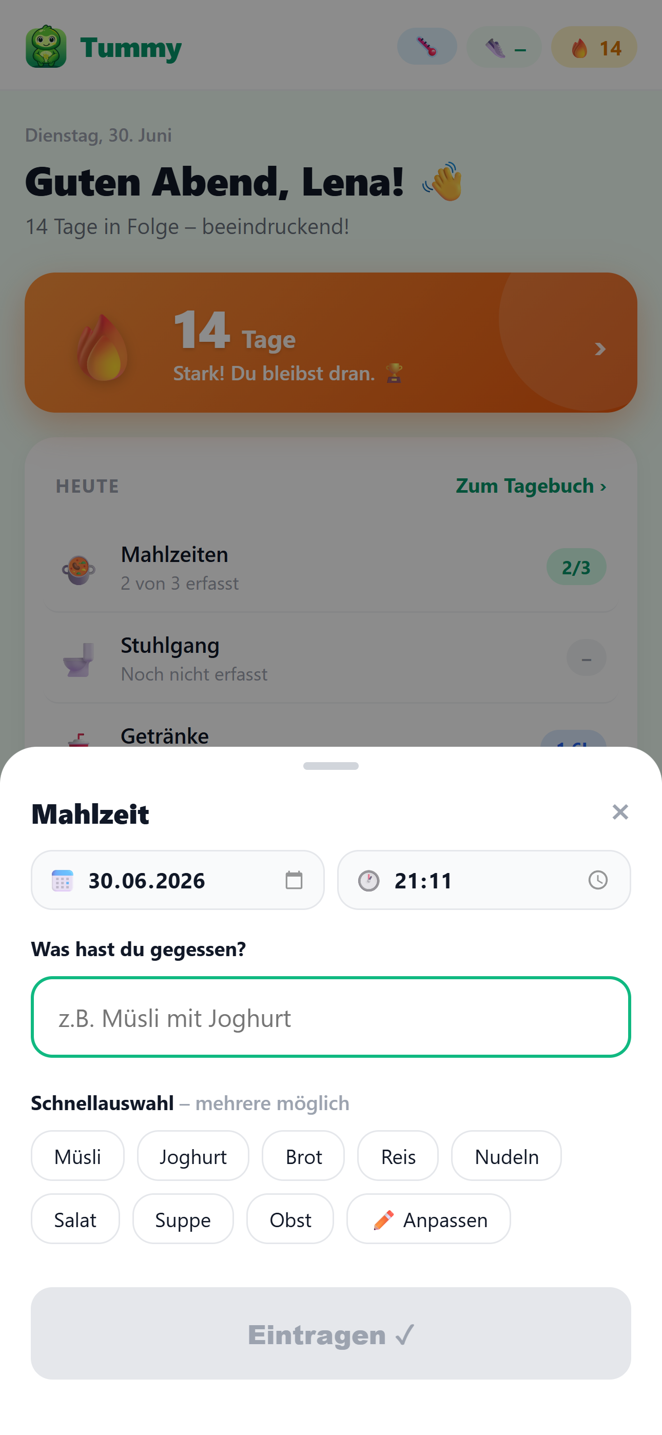 Tummy Eingabe – Mahlzeit in Sekunden erfassen