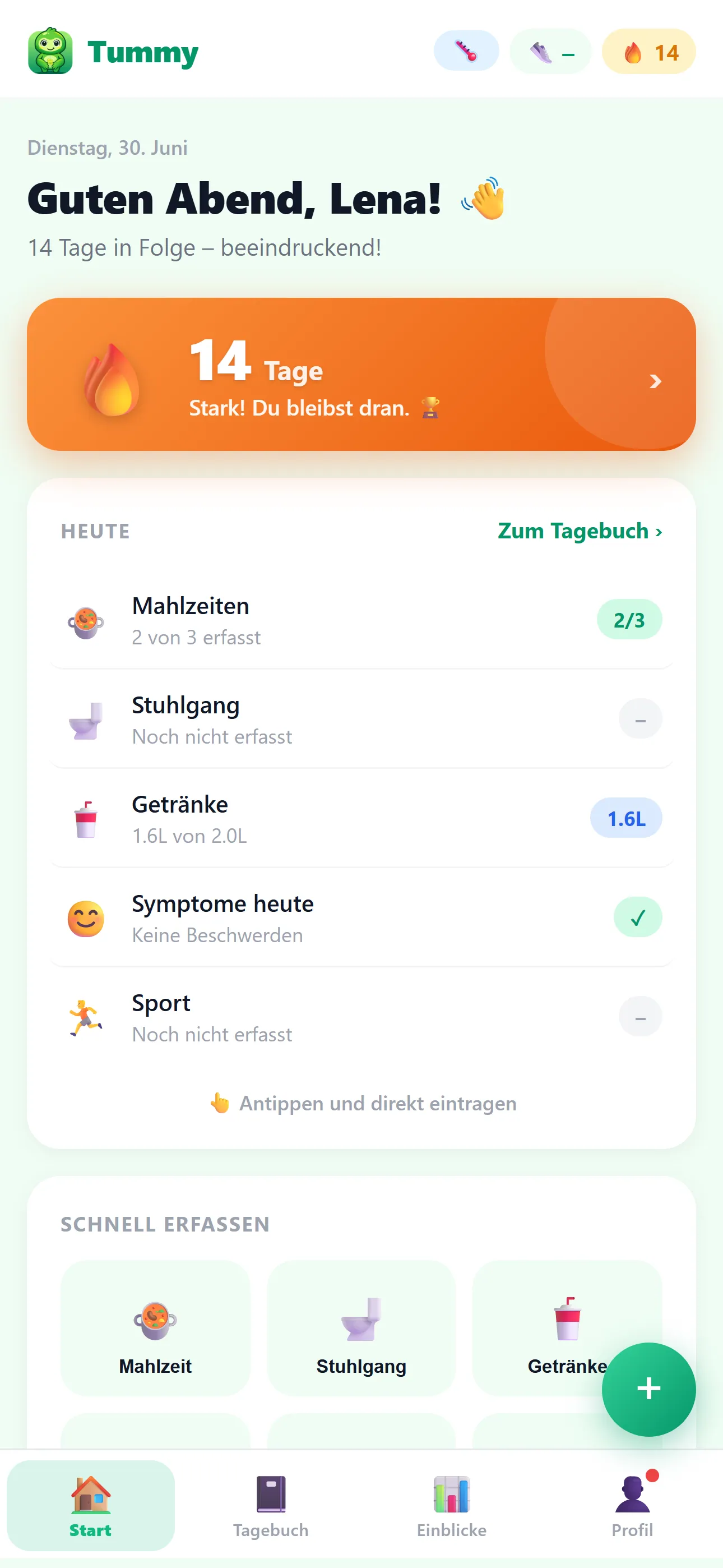 Tummy Startbildschirm – Tagesüberblick mit Mahlzeiten, Stuhlgang und Getränken