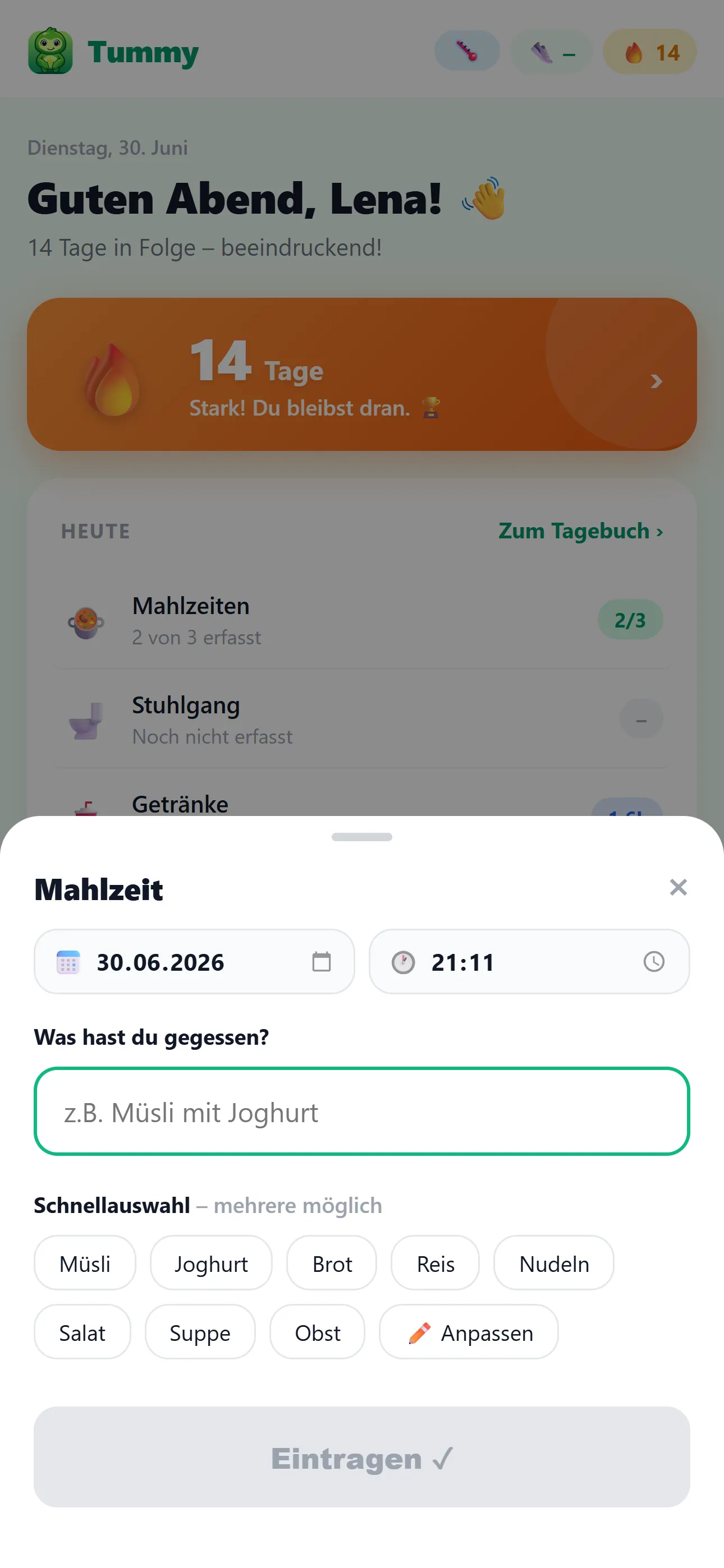 Tummy Eingabe – Mahlzeit in Sekunden erfassen